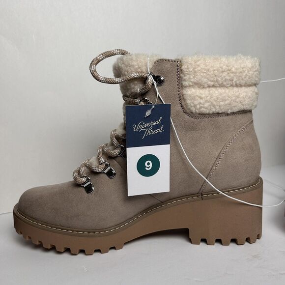 Combat Style Lace Up Boots Taupe Size 9 Sherpa Memory Foam Universal Thread Leah - Picture 7 of 13
